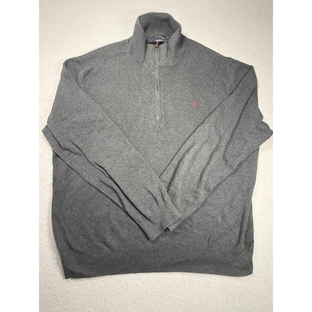 Polo Ralph Lauren Mens XXL Cotton Quarter‎ Zip Sweater Charcoal Gray Red Pony